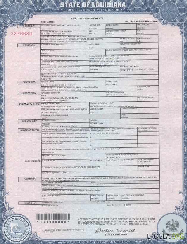 Acte de décès en Louisiane aux États Unis